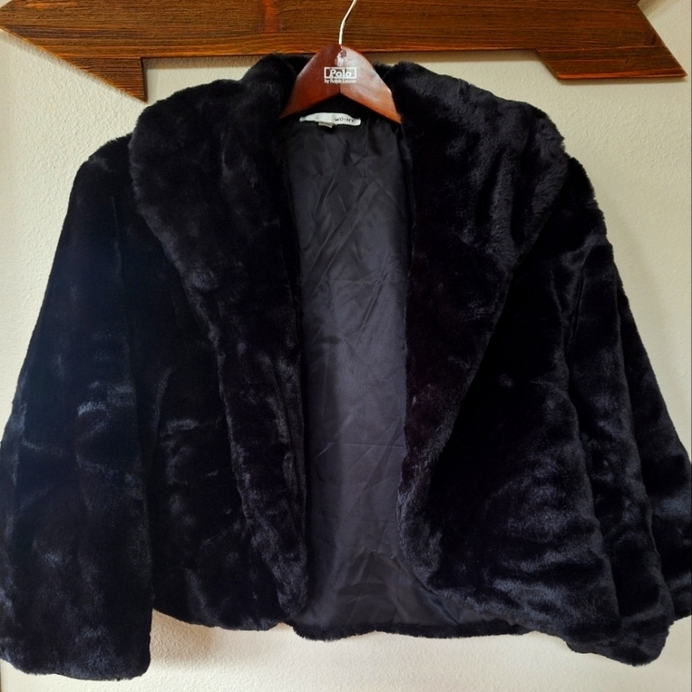 Wd Ny Womens Black Faux Fur Cropped Open Jacket Size Xl